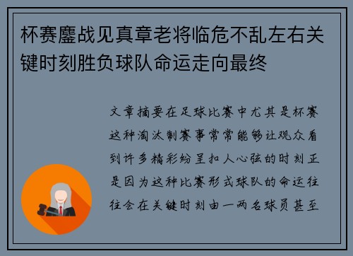 杯赛鏖战见真章老将临危不乱左右关键时刻胜负球队命运走向最终