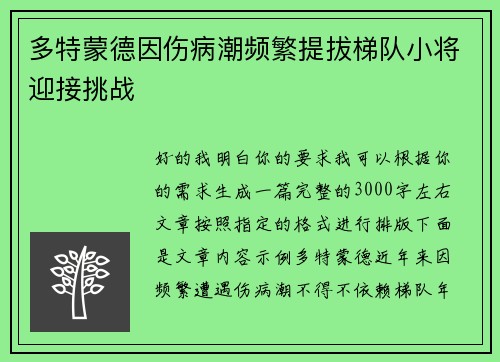多特蒙德因伤病潮频繁提拔梯队小将迎接挑战